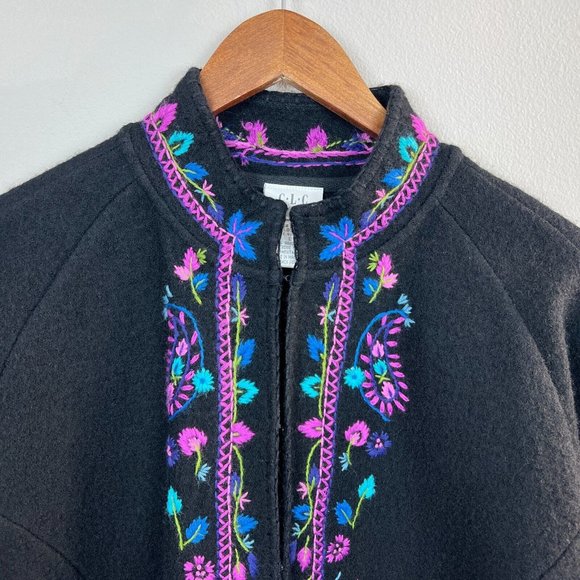 CLC Jacket L Black 100% Wool Floral Embroidered Boho Cottagecore Clasp Womens - Picture 2 of 10